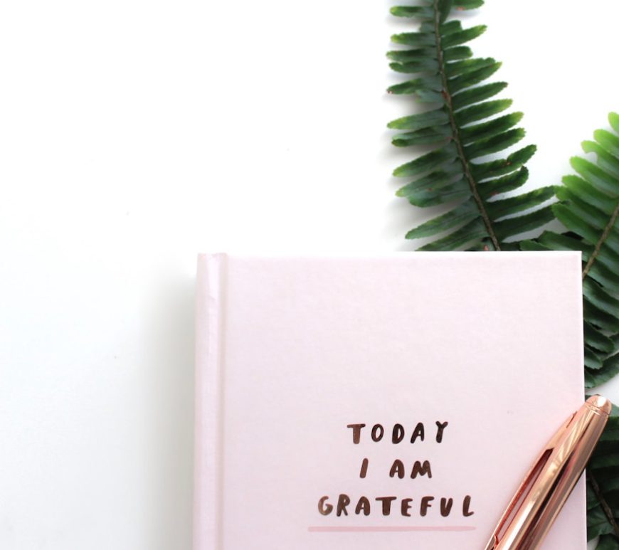 Pink journal with title "Today I Am Grateful" with a rose-gold pen on top and ferns beneath.