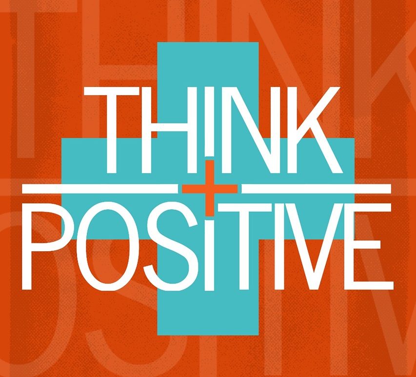 Text Think Positive. Red orange background with teal plus sign and white font.