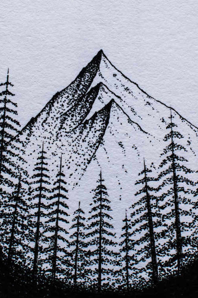 Black ink drawing of a mountain and trees in the foreground.