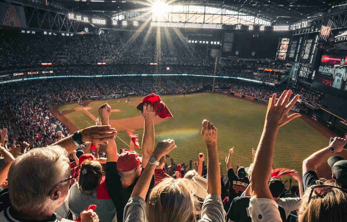 Fans cheering in the stands during a baseball game.
